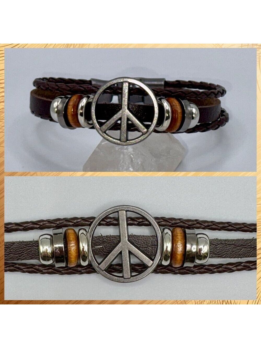 Boho Peace Sign Faux Leather Bracelet – 8” Blue and Black #1482